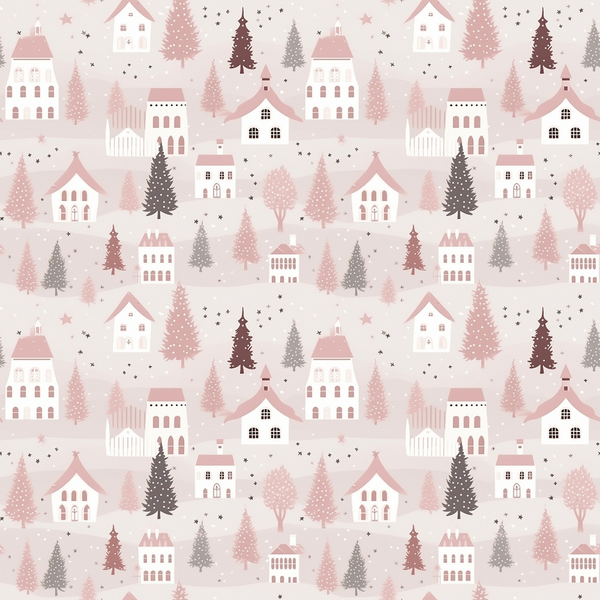 Pattern of quaint houses, trees, and stars in pastel shades of pink, white, and gray against a light background.