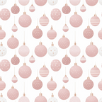 A pattern of pink and white Christmas ornaments with various designs on a white background.