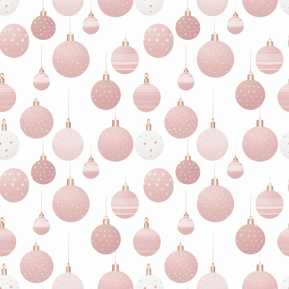 A pattern of pink and white Christmas ornaments with various designs on a white background.