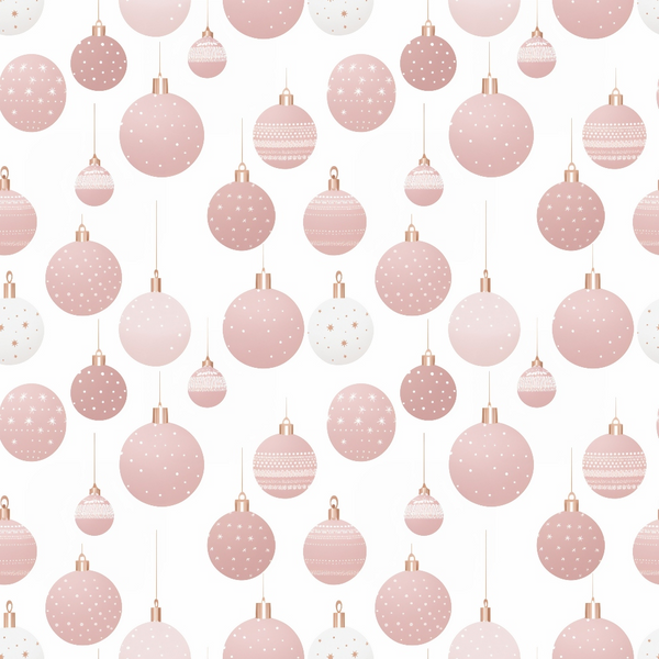 A pattern of pink and white Christmas ornaments with various designs on a white background.