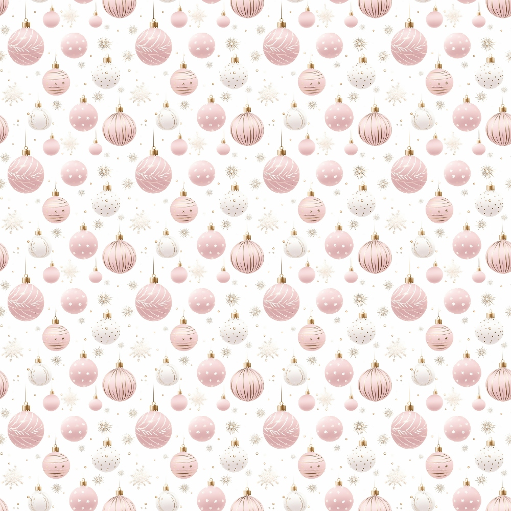 A repeating pattern of pink and white Christmas ornaments and beige snowflakes on a light background.