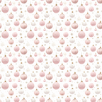 A repeating pattern of pink and white Christmas ornaments and beige snowflakes on a light background.