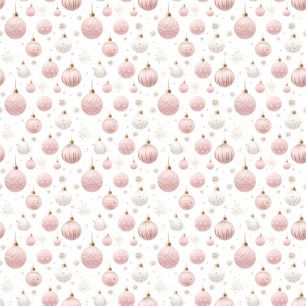 A repeating pattern of pink and white Christmas ornaments and beige snowflakes on a light background.
