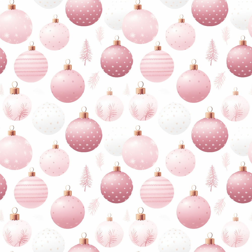 Pattern of pink and white Christmas ornaments with varied designs, interspersed with small pink trees on a white background.