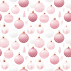 Pattern of pink and white Christmas ornaments with varied designs, interspersed with small pink trees on a white background.