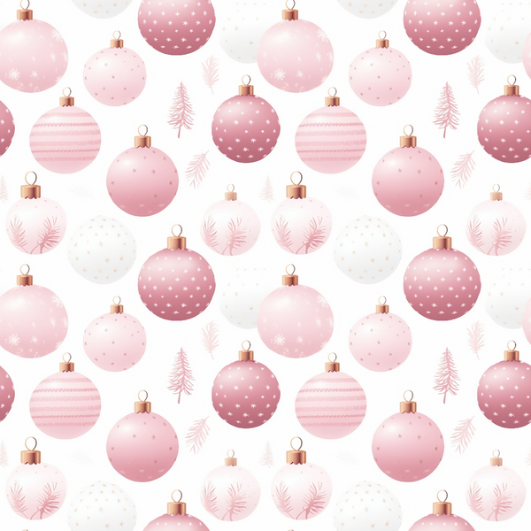 Pattern of pink and white Christmas ornaments with varied designs, interspersed with small pink trees on a white background.