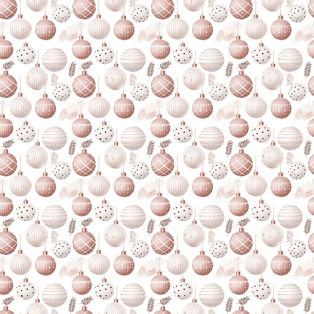 Pattern of red and white Christmas ornaments with various designs, interspersed with small leaves on a white background.