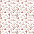 Pattern of red and white Christmas ornaments with various designs, interspersed with small leaves on a white background.