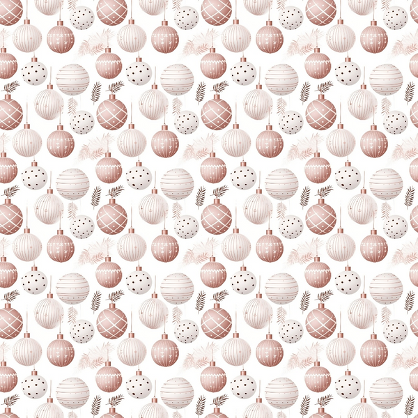 Pattern of red and white Christmas ornaments with various designs, interspersed with small leaves on a white background.