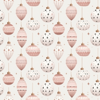 Pattern of pastel pink and white Christmas ornaments with stripes and star patterns on a light background.