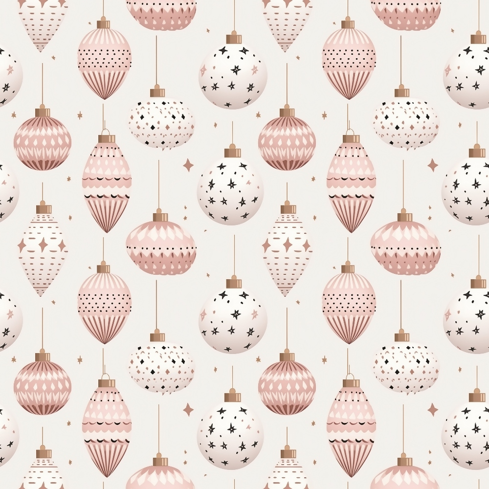 Pattern of pastel pink and white Christmas ornaments with stripes and star patterns on a light background.