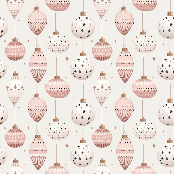 Pattern of pastel pink and white Christmas ornaments with stripes and star patterns on a light background.