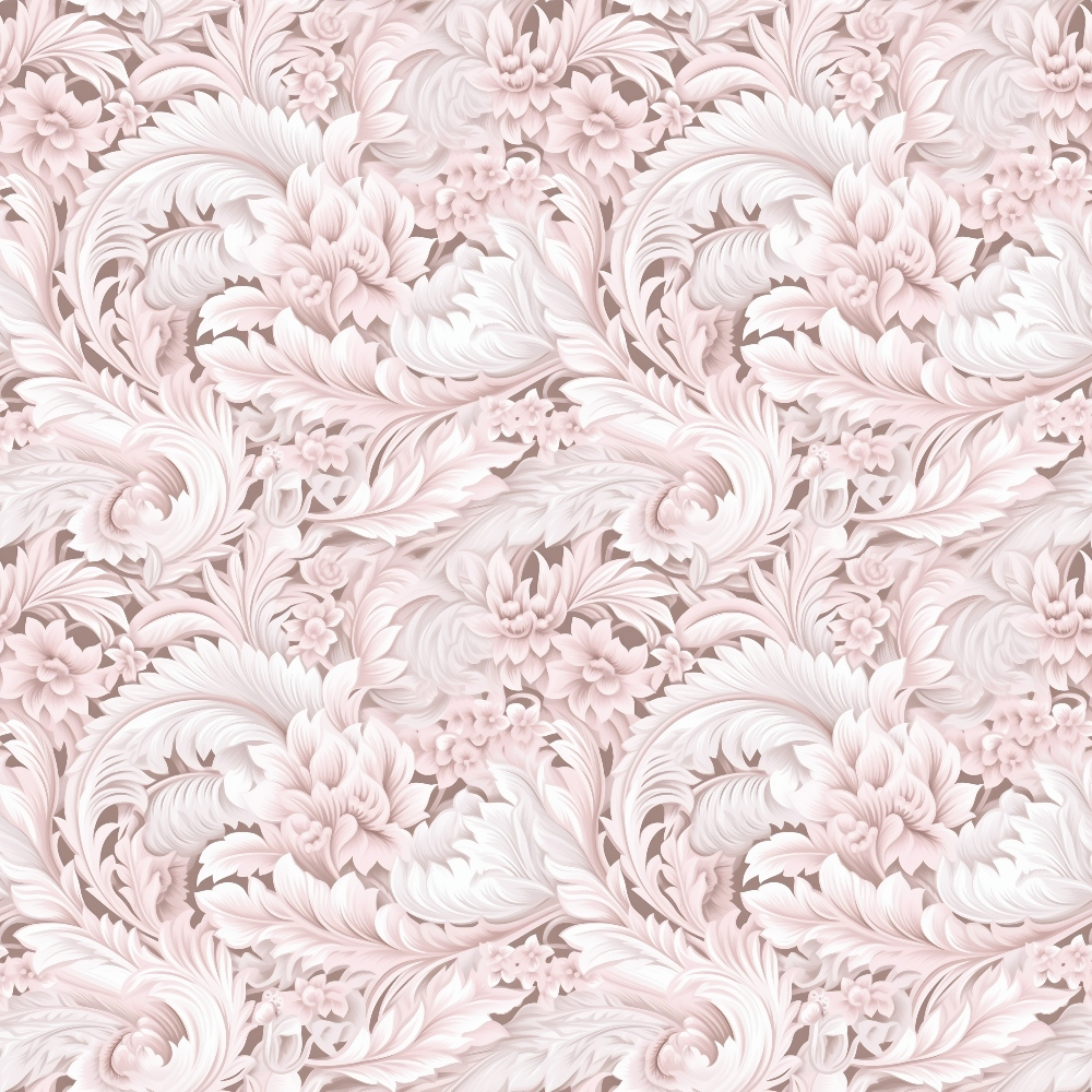Ornate floral pattern in soft pink and white shades, featuring swirling leaves and blooming flowers, creating a seamless, intricate design.