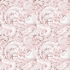 Ornate floral pattern in soft pink and white shades, featuring swirling leaves and blooming flowers, creating a seamless, intricate design.