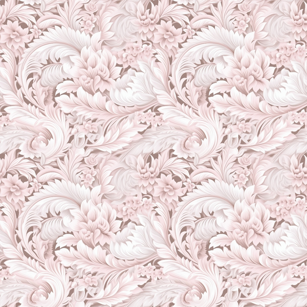 Ornate floral pattern in soft pink and white shades, featuring swirling leaves and blooming flowers, creating a seamless, intricate design.