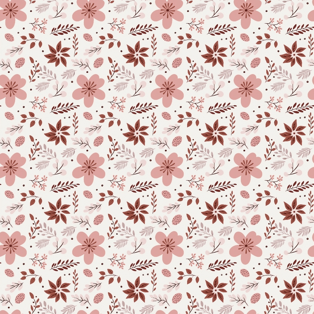 A seamless pink floral pattern featuring various flowers and leaves on a light background.