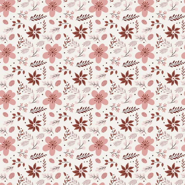 A seamless pink floral pattern featuring various flowers and leaves on a light background.