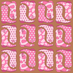 Pattern of pink and red cowboy boots featuring stars, hearts, and spots on a brown background.