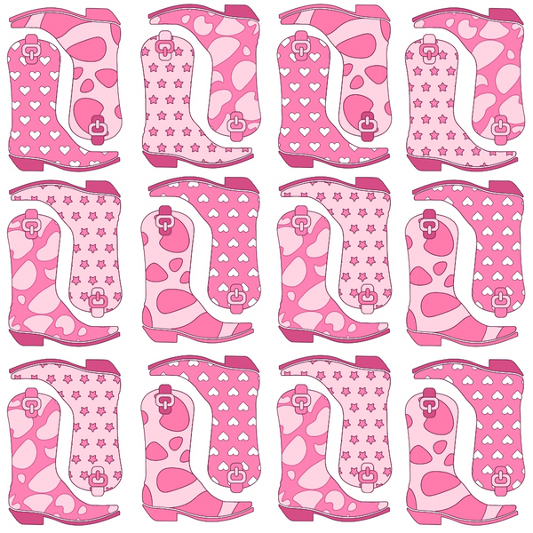 Pattern of pink cowboy boots with hearts, stars, and polka dots on a white background.