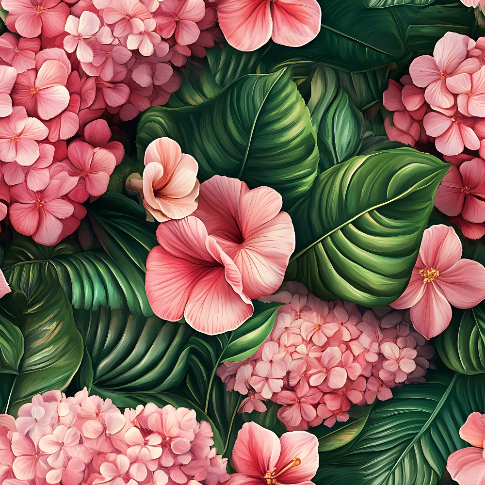 pink flowers, tropical leaves, hibiscus blooms, hydrangea clusters, coral pink, deep rose, emerald green, forest green, botanical pattern, floral design, tropical motif,, fabric panel, lush foliage, exotic flowers, summer vibes, paradise theme, realistic artwork, vibrant colors, nature pattern