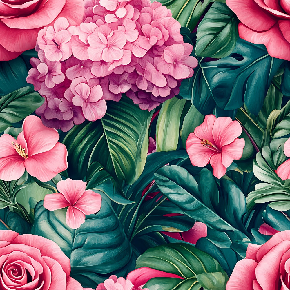 pink flowers, tropical leaves, hibiscus, hydrangea, roses, coral pink, fuchsia, emerald green, teal, botanical pattern, floral design, tropical motif, lush foliage,, fabric panel, vibrant colors, exotic blooms, paradise theme, summer vibes, hawaiian style