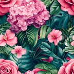 pink flowers, tropical leaves, hibiscus, hydrangea, roses, coral pink, fuchsia, emerald green, teal, botanical pattern, floral design, tropical motif, lush foliage,, fabric panel, vibrant colors, exotic blooms, paradise theme, summer vibes, hawaiian style