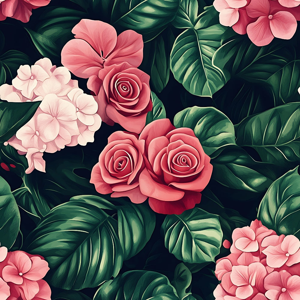 pink flowers, coral roses, tropical leaves, green foliage, botanical pattern, floral design,, fabric panel, romantic mood, tropical theme, nature motif, seamless pattern, decorative flowers, lush greenery, pink petals, garden flowers, exotic leaves, feminine design, soft colors, blooming roses