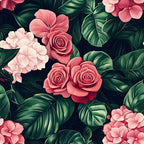 pink flowers, coral roses, tropical leaves, green foliage, botanical pattern, floral design,, fabric panel, romantic mood, tropical theme, nature motif, seamless pattern, decorative flowers, lush greenery, pink petals, garden flowers, exotic leaves, feminine design, soft colors, blooming roses