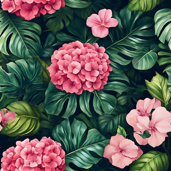 pink flowers, coral blooms, tropical leaves, monstera leaves, palm fronds, green foliage, floral pattern, botanical design, hibiscus flowers, hydrangea clusters,, fabric panel, tropical paradise, lush greenery, feminine florals, exotic plants, nature motif, vibrant pink, deep green, tropical garden