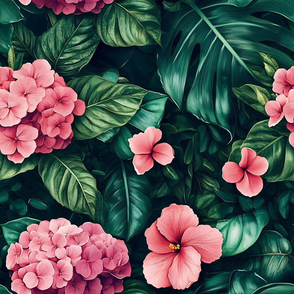 pink flowers, tropical leaves, hibiscus blooms, coral pink, deep green, emerald foliage, botanical pattern, floral design, tropical paradise, lush greenery, monstera leaves, palm fronds, exotic flowers, vibrant blooms,, fabric panel, summer vibes, paradise theme, botanical print, tropical motif
