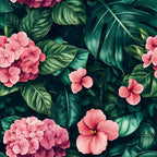 pink flowers, tropical leaves, hibiscus blooms, coral pink, deep green, emerald foliage, botanical pattern, floral design, tropical paradise, lush greenery, monstera leaves, palm fronds, exotic flowers, vibrant blooms,, fabric panel, summer vibes, paradise theme, botanical print, tropical motif