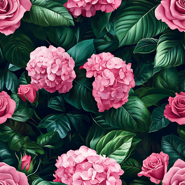 pink flowers, tropical leaves, hydrangeas, roses, coral pink, deep green, lush foliage, floral pattern, botanical design,, fabric panel, romantic style, garden theme, blooming flowers, layered petals, nature motif, seamless repeat, vibrant colors, feminine aesthetic, spring florals