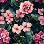 pink flowers, tropical leaves, coral pink, dusty rose, deep green, dark background, floral pattern, botanical design, roses, hibiscus, palm leaves,, fabric panel, romantic mood, exotic florals, layered petals, lush foliage, tropical paradise, feminine colors, nature motifs