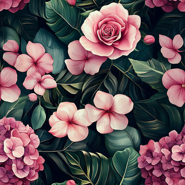 pink flowers, tropical leaves, coral pink, dusty rose, deep green, dark background, floral pattern, botanical design, roses, hibiscus, palm leaves,, fabric panel, romantic mood, exotic florals, layered petals, lush foliage, tropical paradise, feminine colors, nature motifs