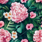 pink flowers, tropical leaves, plumeria, hibiscus, hydrangea, roses, monstera leaves, palm fronds, coral pink, soft pink, emerald green, forest green, white flowers, yellow centers, floral pattern, tropical design, botanical print,, fabric panel, summer vibes, hawaiian style, exotic flowers