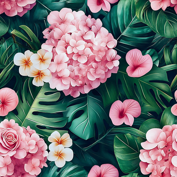 pink flowers, tropical leaves, plumeria, hibiscus, hydrangea, roses, monstera leaves, palm fronds, coral pink, soft pink, emerald green, forest green, white flowers, yellow centers, floral pattern, tropical design, botanical print,, fabric panel, summer vibes, hawaiian style, exotic flowers
