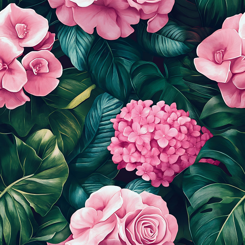 pink flowers, tropical leaves, coral pink, deep green, teal foliage, botanical pattern, hydrangea, roses, magnolia blooms, lush greenery, tropical design, floral motif,, fabric panel, exotic florals, jungle leaves, vibrant pink, emerald green, botanical illustration, tropical paradise