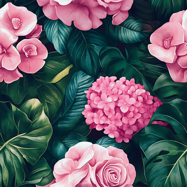 pink flowers, tropical leaves, coral pink, deep green, teal foliage, botanical pattern, hydrangea, roses, magnolia blooms, lush greenery, tropical design, floral motif,, fabric panel, exotic florals, jungle leaves, vibrant pink, emerald green, botanical illustration, tropical paradise
