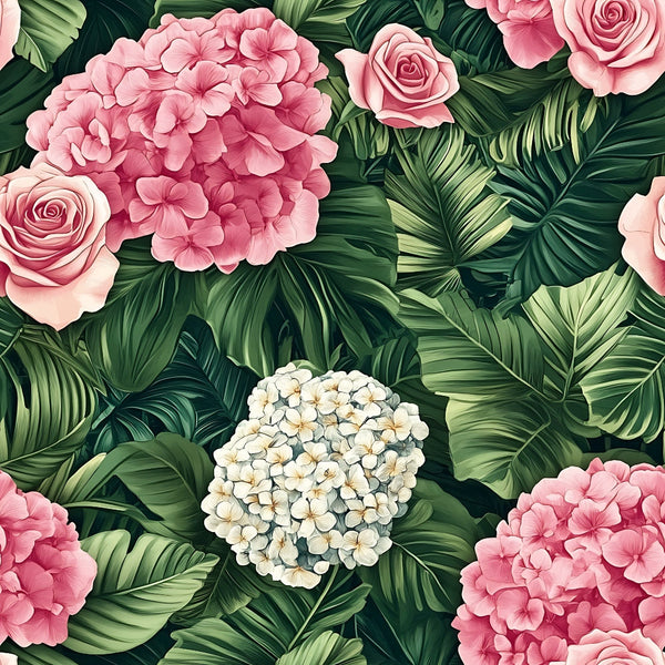pink flowers, tropical leaves, hydrangeas, roses, white blooms, coral pink, deep green, botanical pattern, floral design, tropical foliage, palm leaves,, fabric panel, romantic florals, garden flowers, lush greenery, nature motifs, flowering clusters, exotic plants, vibrant blooms