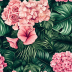 pink flowers, coral roses, hibiscus blooms, tropical leaves, green foliage, palm fronds, botanical pattern, floral design,, fabric panel, tropical theme, summer vibes, nature motifs, romantic florals, lush greenery, exotic plants, garden flowers, tropical paradise, botanical illustration, vibrant colors