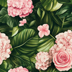 pink flowers, tropical leaves, roses, hydrangeas, coral pink, sage green, forest green, botanical pattern, floral design,, fabric panel, tropical foliage, layered petals, nature motif, garden flowers, lush greenery, romantic florals, spring blooms, botanical illustration, seamless pattern