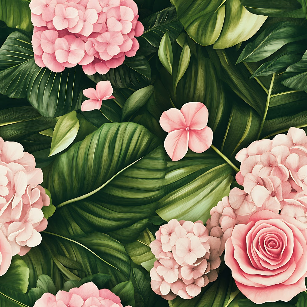 pink flowers, tropical leaves, roses, hydrangeas, coral pink, sage green, forest green, botanical pattern, floral design,, fabric panel, tropical foliage, layered petals, nature motif, garden flowers, lush greenery, romantic florals, spring blooms, botanical illustration, seamless pattern