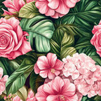pink flowers, tropical leaves, hibiscus blooms, roses, hydrangea clusters, coral pink, soft pink, emerald green, lime green, botanical pattern, floral design, tropical motif, realistic style, lush foliage,, fabric panel, summer vibes, garden theme, nature pattern, vibrant florals