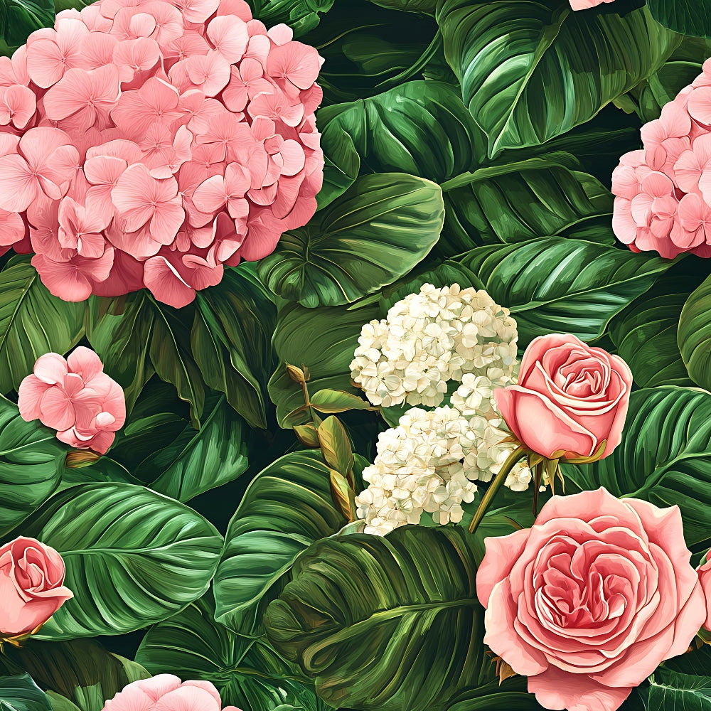 pink flowers, coral roses, white hydrangeas, tropical leaves, green foliage, floral pattern, botanical design,, fabric panel, romantic florals, garden blooms, lush greenery, soft pink, cream white, emerald green, nature motif, flowering vines, tropical botanical, delicate petals, layered blooms