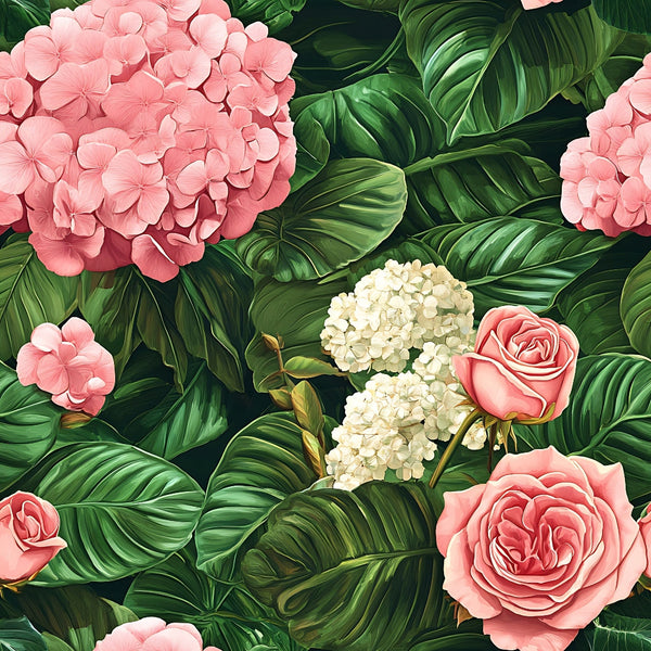 pink flowers, coral roses, white hydrangeas, tropical leaves, green foliage, floral pattern, botanical design,, fabric panel, romantic florals, garden blooms, lush greenery, soft pink, cream white, emerald green, nature motif, flowering vines, tropical botanical, delicate petals, layered blooms