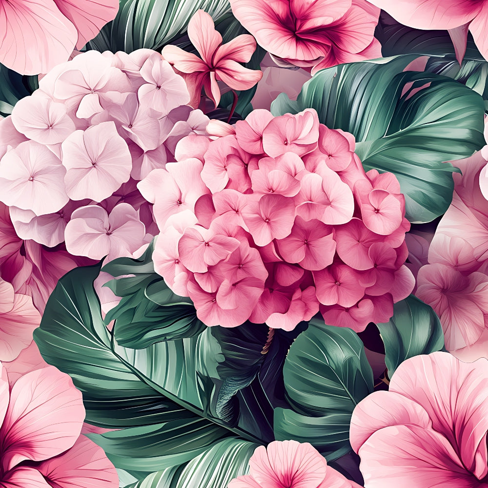pink flowers, tropical leaves, hydrangea, hibiscus, plumeria, fuchsia pink, coral pink, emerald green, dark green, floral pattern, botanical design, tropical theme, summer vibes,, fabric panel, realistic flowers, lush foliage, garden blooms, nature motifs, feminine aesthetic