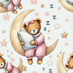 Cute teddy bear in pink pajamas sleeps on a crescent moon, holding a pillow. Surrounded by stars and Z symbols, creating a dreamy atmosphere. Repeated pattern on a light background.