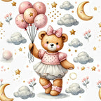 A teddy bear wearing a pink dress holds pink balloons amidst clouds, stars, and crescent moons. Flowers are scattered around the scene.