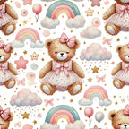 Pattern featuring cute bears in pink dresses, rainbows, clouds, stars, and balloons on a white background.