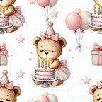 Illustration of a teddy bear in a tutu and party hat with a birthday cake. The scene includes balloons, stars, and a gift box, all in pink and beige tones, repeated in a pattern.